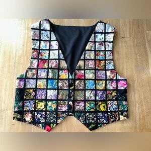 patchwork stained glass charm square vest floral flowers birds spring woman’s M